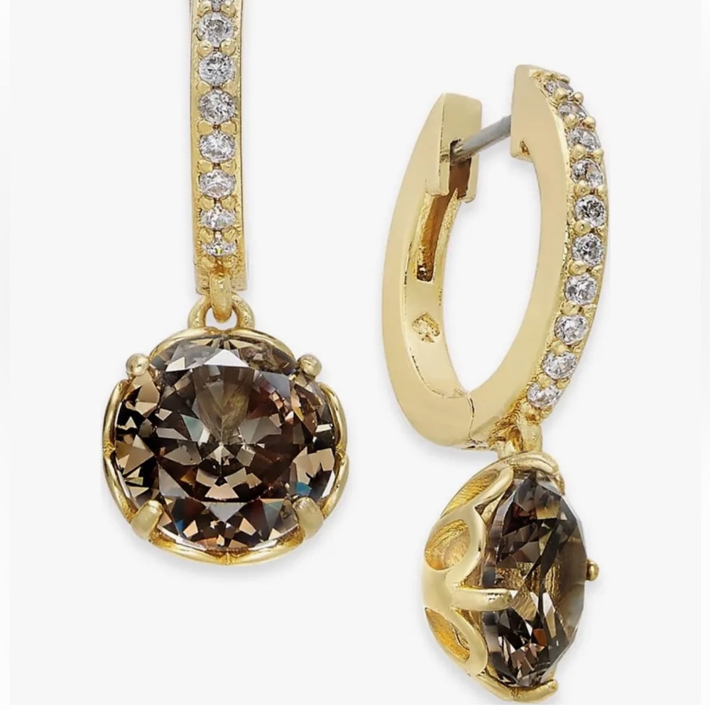 Kate Spade “That Sparkle” Gold Huggie Hoop Earrings w Smoky Gray Crystal Drops
